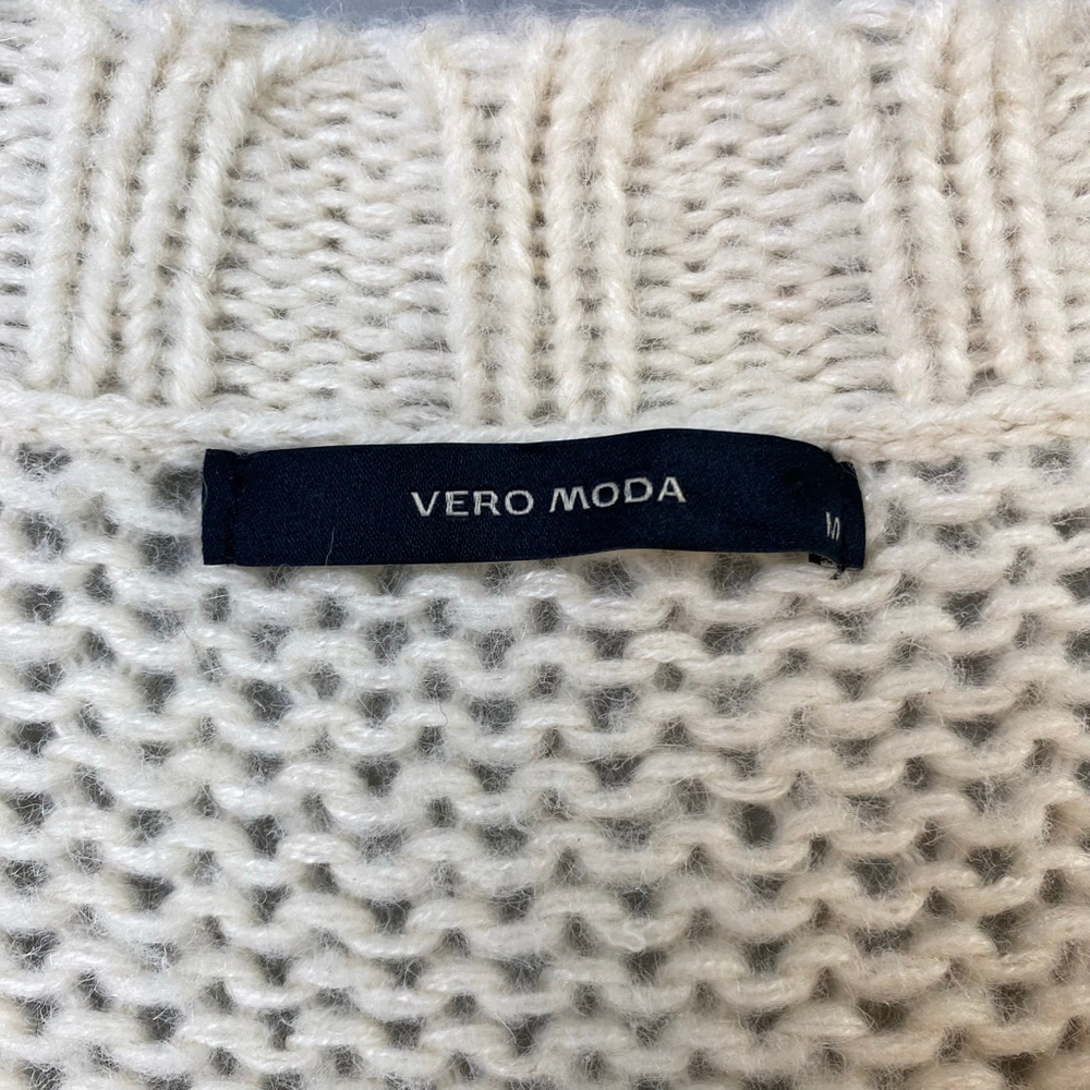 Vero Moda Knit Dress Medium Cream Short Sleeve V-Neck Cozy Soft Sheer Chunky - Picture 4 of 11